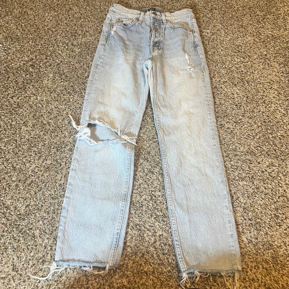 GAP Denim Cheeky Straight Jeans Light Wash Ripped Distressed Raw Hem Size 00 24